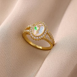 Brass Micro Pave Cubic Zirconia Finger Rings for Women, Oval, with Enamel, Golden, 14x11.5mm, US Size 6 1/2(16.9mm)(RJEW-K261-17G)