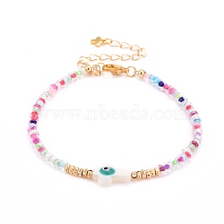 Cross with Evil Eye Beaded Bracelets, with Glass Seed & Brass & Natural Freshwater Shell Beads, 304 Stainless Steel Lobster Claw Clasps & Charms, Colorful, 7-1/4 inch(18.5cm)(BJEW-JB06289-01)