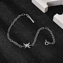 S925 Sterling Silver Micro Pave Cubic Zirconia Link & Charm Bracelets for Women, Star, Platinum, 7-5/8 inch(19.5cm)(BJEW-K276-02P)