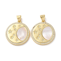 Brass Micro Pave Clear Cubic Zirconia Pendants, with Shell, Real 18K Gold Plated, Flat Round, 23x21x2.5mm, Hole: 5x3.5mm(KK-B083-35B-G)