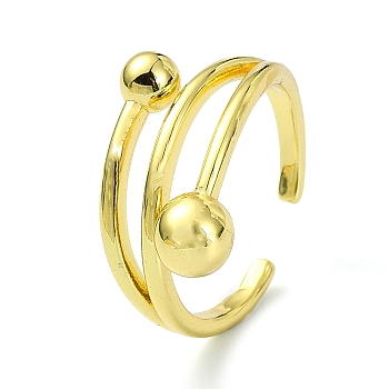 Brass with Cubic Zirconia Open Cuff Ring, Round Ball, Real 18K Gold Plated, Inner Diameter: 19mm