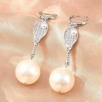 Brass Micro Pave Cubic Zirconia Hoop Dangle Earrings, Racket, with Glass and ABS Plastic Imitation Pearl, Lead Free & Cadmium Free, Long-Lasting Plated, Rack Plating, Platinum, 59.5x16mm