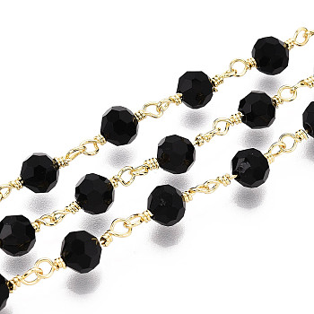 Handmade Brass & Glass Beaded Chains, with Spool, Soldered, Real 18K Gold Plated, Black, 13.5~15x5.5~6mm
