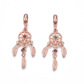 Rack Plating Alloy European Dangle Charms, with Tanzanite Rhinestone, Large Hole Beads, Cadmium Free & Lead Free, Woven Net/Web with Feather, Rose Gold, 43mm, Hole: 4.5mm, Feather: 11x3.5x1.5mm