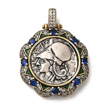 Brass with Cubic Zirconia & Enamel Pendants, Long-Lasting Plated, Cadmium Free & Lead Free, Flower with Women Charm, Antique Silver & Antique Golden, 28x25.5x5mm, Hole: 5x3.5mm