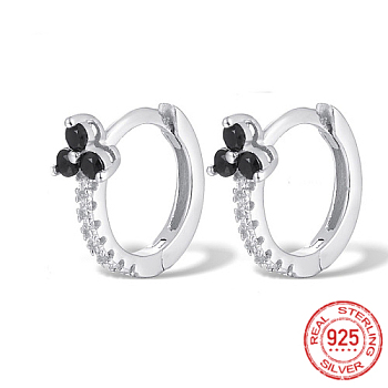 Rhodium Plated Platinum 925 Sterling Silver Micro Pave Cubic Zirconia Hoop Earrings, Clover, Black, 12x10x1mm