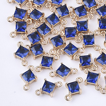 Transparent Glass Links connectors, with Brass Findings, Faceted, Rhombus, Light Gold, Medium Blue, 11x7x4mm, Hole: 1mm, Side Length: 5mm