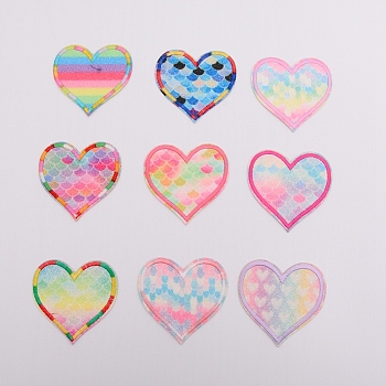 Computerized Embroidery Cloth Iron on/Sew on Patches, with  Glitter Powders, Costume Accessories, Appliques, Heart, Mixed Color, 62x66x1mm, 9pcs/set