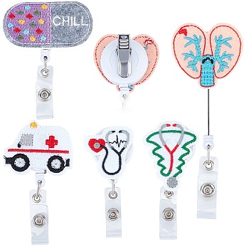 Gorgecraft 5Pcs 5 Style Medical Theme Cloth Retractable Badge Reel, Card Holders, with Stainless Steel Snap Buttons, ABS ID Badge Holder Retractable for Nurses, Mixed Color, 1pc/style