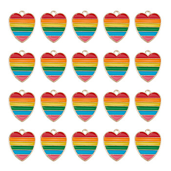 Alloy Enamel Pendants, Light Gold, Heart with Rainbow Stripe, Colorful, 18x15x1.5mm, Hole: 1.6mm, 30pcs/box