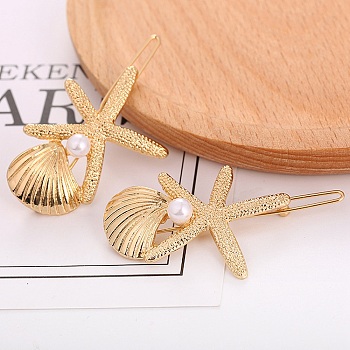 Shell & Starfish Alloy Hair Barrettes, Frog Buckle Hairpin for Women Girls, with Plastic Imitation Pearl, Golden, 55~56mm