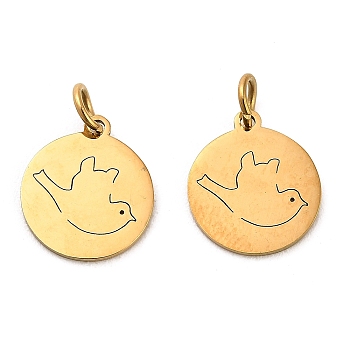 304 Stainless Steel Charms, with Jump Ring, Flat Round Charm, Laser Cut, Golden, Bird, 13.5x11.5x1mm, Hole: 3.4mm