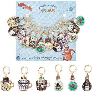 12Pcs 6 Colors Alloy Enamel Cat Charm Locking Stitch Markers, with 304 Stainless Steel Leverback Earring Findings & Jump Rings, Mixed Color, 40~45mm, Pin: 0.8mm, 2Pcs/style