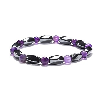 Round Natural Amethyst Stretch Bracelets, with Non-Magnetic Synthetic Hematite Beads and Elastic Cord, 50mm