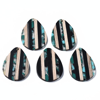 Stripe Resin & Walnut Wood Pendants, Teardrop, Light Sea Green, 36x26x3mm, Hole: 1.8mm