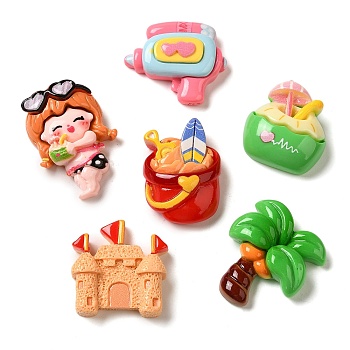 Cute Opaque Resin Decoden Cabochons, Castle/Toy guns/Girl/Tree/Bucket/Coconut, Mixed Shapes, 26~32x22~28x6~10mm