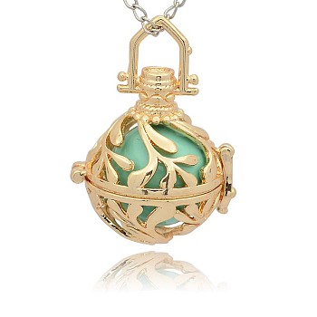 Golden Tone Brass Hollow Round Cage Pendants, with No Hole Spray Painted Brass Round Ball Beads, Medium Turquoise, 36x25x21mm, Hole: 3x8mm