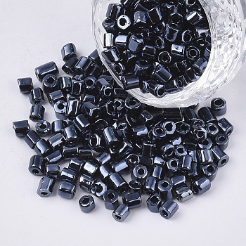 6/0 Two Cut Glass Seed Beads, Hexagon, Metallic Colours, Marine Blue, 3.5~5x3.5~4mm, Hole: 1mm, about 4500pcs/bag