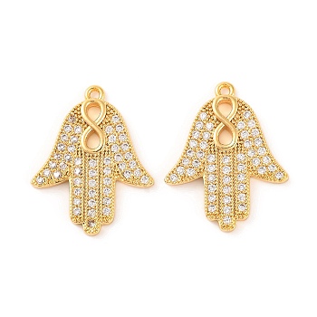 Brass Micro Pave Clear Cubic Zirconia Pendants, Hamsa Hand, Real 18K Gold Plated, 21.3x17x1.7mm, Hole: 1.2mm