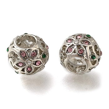 Rack Plating Alloy Rhinestone European Beads, Large Hole Beads, Rondelle with Flower, Platinum, 11~11.5x9mm, Hole: 5mm