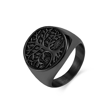 Retro Titanium Steel Tree of Life Finger Ring, Wide Band Ring, Electrophoresis Black, Inner Diameter: 19mm