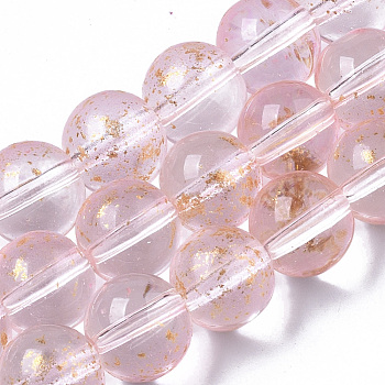 Transparent Spray Painted Glass Bead Strands, with Golden Foil, Round, Pink, 10~11mm, Hole: 1.4~1.6mm, about 39~42pcs/Strand, 14.84 inch~15.27 inch(37.7~38.8cm)