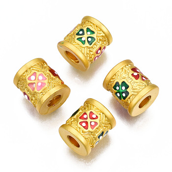 Rack Plating Alloy Enamel Beads, Cadmium Free & Lead Free, Matte Gold Color, Column, Red, 9.5x9mm, Hole: 3mm