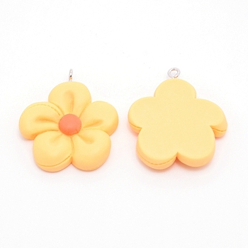 Resin Pendants, with Platinum Iron Finding, Flower, Yellow, 35x30x6mm, Hole: 2mm