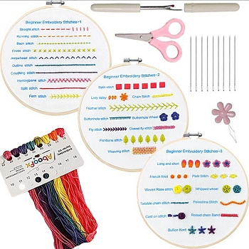 DIY Embroidery Stitches Practice Kit for Beginners,  Including Non-Woven Fabric, Embroidery Hoop, Scissor, Seam Ripper, Threader, Mixed Color, 0.04 inch(1mm), 8 colors