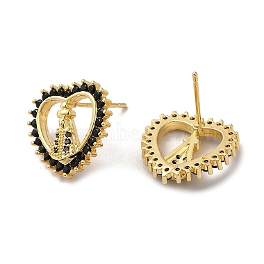 Heart with Saint Black Cubic Zirconia Stud Earrings(EJEW-F313-04G)-2