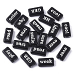 Opaque Acrylic Spray Painted Beads, Rectangle with Words, White, Black, 15x7.5x5mm, Hole: 3mm(X-MACR-N008-23B)