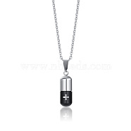 Two Tone 316L Stainless Steel Pill with Cross Urn Ashes Pendant Necklace with Cable Chains, Memorial Jewelry for Men Women, Electrophoresis Black & Stainless Steel Color, 19.69 inch(50cm)(BOTT-PW0001-010PEB)