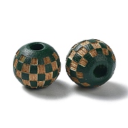 Wood Laser Engraved Tartan Beads, Round, Dyed, for DIY Craft, Dark Green, 9.5~10x8.5mm, Hole: 3mm(WOOD-I011-01A-05)