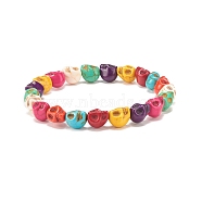 Synthetic Turquoise(Dyed) Skull Stretch Bracelet, Gemstone Halloween Jewelry for Women, Colorful, Beads: 10x8x9.5mm, Inner Diameter: 2-1/4 inch(5.8cm)(BJEW-JB08071-02)