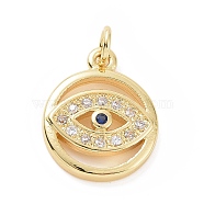 Brass Micro Pave Cubic Zirconia Pendants, with Jump Ring, Flat Round with Evil Eye Charm, Golden, 15.5x12.5x2.5mm, Hole: 2.8mm(KK-C012-20G)