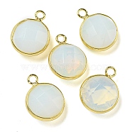 Faceted Opalite Pendants, Rack Plating Brass Flat Round Charms, Golden, Cadmium Free & Lead Free, 17x13.5x7.5mm, Hole: 2mm(G-P547-02G)