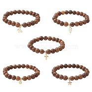 5Pcs 5 Style Natural Wenge Wood Round Beaded Stretch Bracelets Set, with 304 Stainless Steel Charms, Cross & Leaf & Butterfly, Golden, Inner Diameter: 2-1/4 inch(5.8cm), 1Pc/style(BJEW-JB10012)