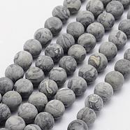 Natural Map Stone/Picasso Stone/Picasso Jasper Beads Strands, Frosted, Round, 7.5~8mm, Hole: 1mm, about 47pcs/strand, 15.3 inch(39cm)(G-F518-16-8mm)