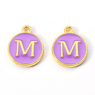 Golden Plated Alloy Enamel Charms, Enamelled Sequins, Flat Round with Letter, Medium Purple, Letter.M, 14x12x2mm, Hole: 1.5mm(X-ENAM-S118-10M)