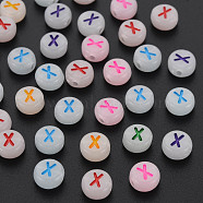 Acrylic Beads, Glow in the Dark, with Enamel and Luminous, Horizontal Hole, Flat Round with Alphabet, Letter.X, 6.5x7x4mm, Hole: 1.6mm, about 3600pcs/500g(MACR-N008-58X)