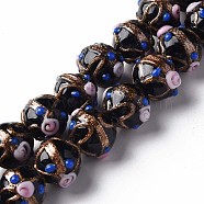 Handmade Gold Sand Lampwork Beads Strands, Round with Flower, Black, 13~15x11~13mm, Hole: 1.6mm, about 45pcs/strand, 20.47 inch~21.06 inch(52cm~53.5cm)(LAMP-T017-05C)