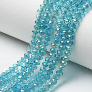 Electroplate Transparent Glass Beads Strands, Half Rainbow Plated, Faceted, Rondelle, Medium Turquoise, 6x5mm, Hole: 1mm, about 85~88pcs/strand, 16.1~16.5 inch(41~42cm)(EGLA-A034-T6mm-H14)