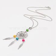 Woven Net/Web with Feather Tibetan Style Alloy Pendant Necklaces, with Wood Beads and Alloy Lobster Clasps, Colorful, 19.6 inch(NJEW-JN01559-05)