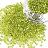 12/0 Grade A Round Glass Seed Beads, Silver Lined, Green Yellow, 12/0, 2x1.5mm, Hole: 0.3mm, about 30000pcs/bag(SEED-Q007-F48)