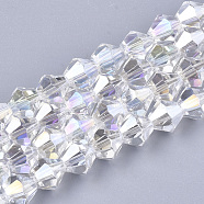 Electroplate Glass Beads Strands, AB Color Plated, Faceted, Bicone, Clear AB, 7.5~8x7.5~8mm, Hole: 1.5mm, about 40pcs/strand, 11.81 inch(X-EGLA-Q118-8mm-B17)