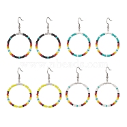 4 Pairs 4 Color Glass Seed Beaded Big Circle Dangle Earrings Set, 316 Surgical Stainless Steel Wire Wrap Jewelry for Women, Mixed Color, 58~59mm, Pin: 0.6mm, 1 Pair/color(EJEW-TA00178)