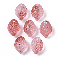 Transparent Spray Painted Glass Charms, with Golden Foil, Textured, Lemon, Red, 14x10x9mm, Hole: 1mm(GLAA-R215-02-B02)