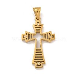 Ion Plating(IP) 304 Stainless Steel Pendants, with Rhinestone, Cross Charm, Golden, 42x26x3mm, Hole: 7x5mm(STAS-D110-14G)