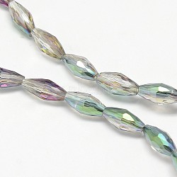 Electroplate Crystal Glass Rice Beads Strands, Faceted, Rainbow Color Plated, Dark Sea Green, 4x9mm, Hole: 1mm, about 58pcs/strand, 20.4 inch(EGLA-F042-A05)