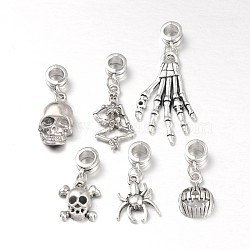 Halloween Tibetan Style Alloy European Dangle Charms, Mixed Shapes, Antique Silver, 26~47mm, Hole: 5mm(PALLOY-JF00007)